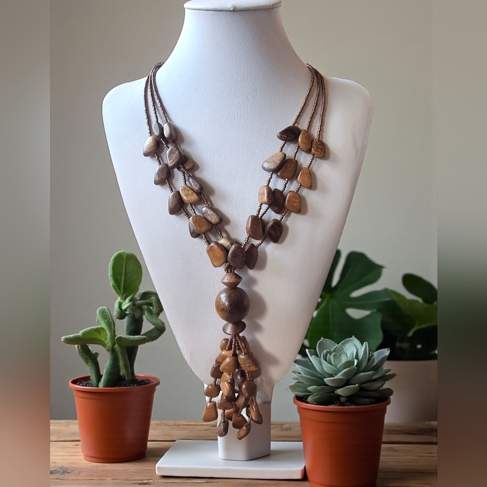 Vintage Brown Wooden Beaded Multi-Strand Necklace